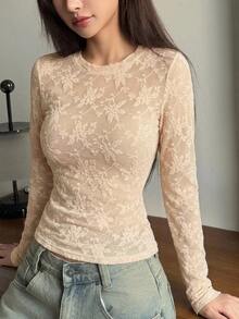 DAZY Atasan Tidur Jacquard Motif Bunga Tanpa Bra - Aprikot - View 1