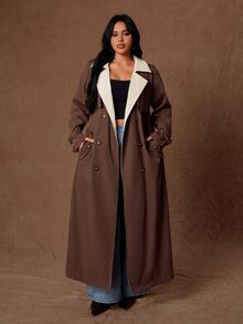 Rustia 大尺碼撞色翻領雙排扣繫腰風衣 - 彩色 - 查看 3