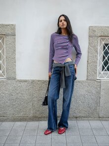 Nöista Atasan Rajut Slim Fit Bergaris dengan Hem Asimetris. Gaya Y2K, Musim Gugur/Musim Dingin, Kasual, Kencan, Jalan-jalan. - Biru - View 2