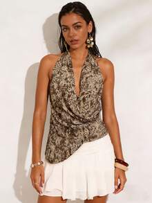 INAWLY Solva Plus Leopard Print Draped Front Backless Tie Halter Top - Brown - View 5