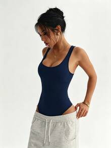 Slayform Slayform Letter Graphic Cut Out Backless Sports Bodysuit - Navy Blue - View 3