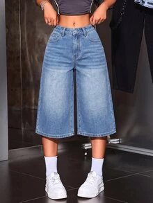 SHEIN ICON 1件漂白水洗寬腿牛仔褲 - 藍色 - 查看 3