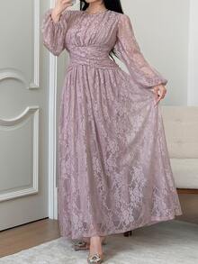 Feyla Plus Lantern Sleeve Lace Dress - Baby Pink - View 5