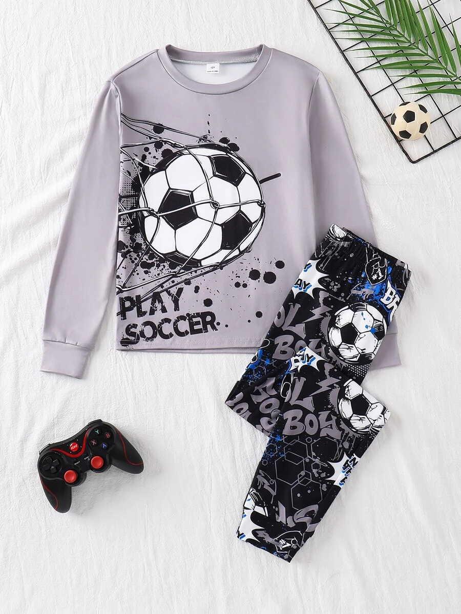 SHEIN Tween Boy Soccer & Letter Graphic Tee & Pants PJ Set - Light Grey - View 1