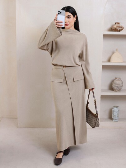 Veilorie Mock Neck Drop Shoulder Tee & Flap Detail Skirt