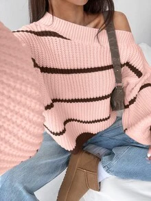 FavEase Striped Pattern Asymmetrical Shoulder Drop Shoulder Sweater - Multicolor - View 5