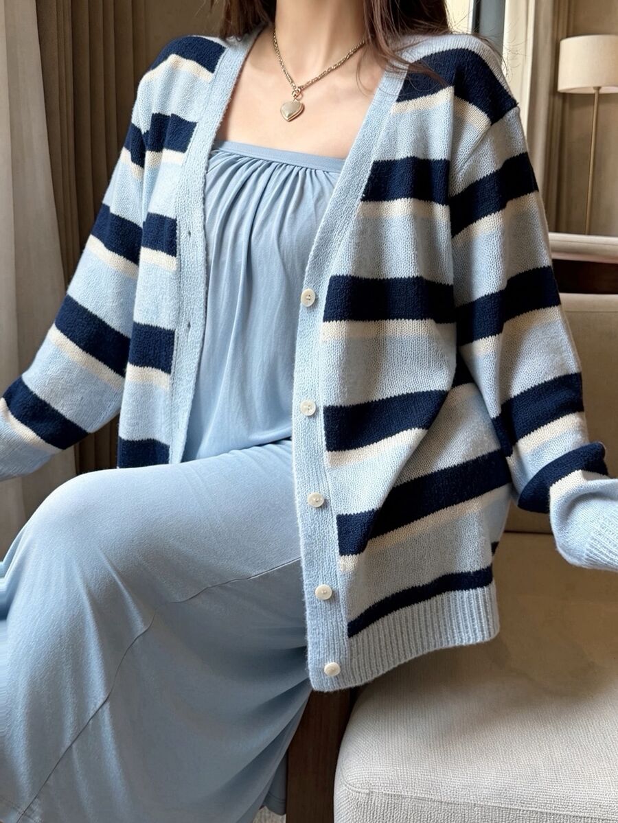 Vibekara Plus Size Contrast Striped Drop Shoulder Cardigan Winter - Multicolor - View 1