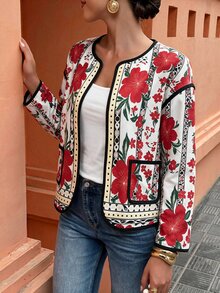 Flora Isola Flora Isola Floral Print Contrast Binding Open Front Coat - Red - View 1