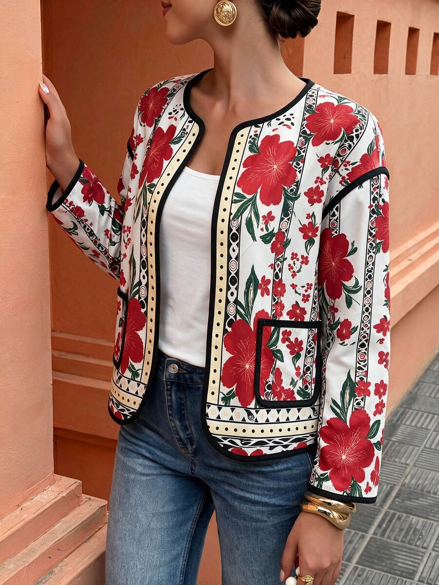 Flora Isola Flora Isola Floral Print Contrast Binding Open Front Coat - Red - View 1