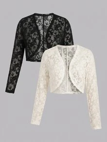 Solflare Plus Open Front Sheer Lace Crop Jacket Without Cami Top Fall - Black and White - View 3