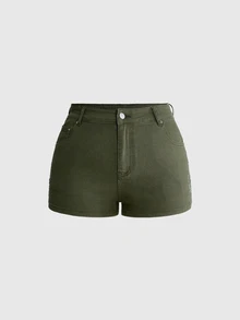 ROMWE Grunge Punk Plus Solid Denim Shorts - Green - View 1