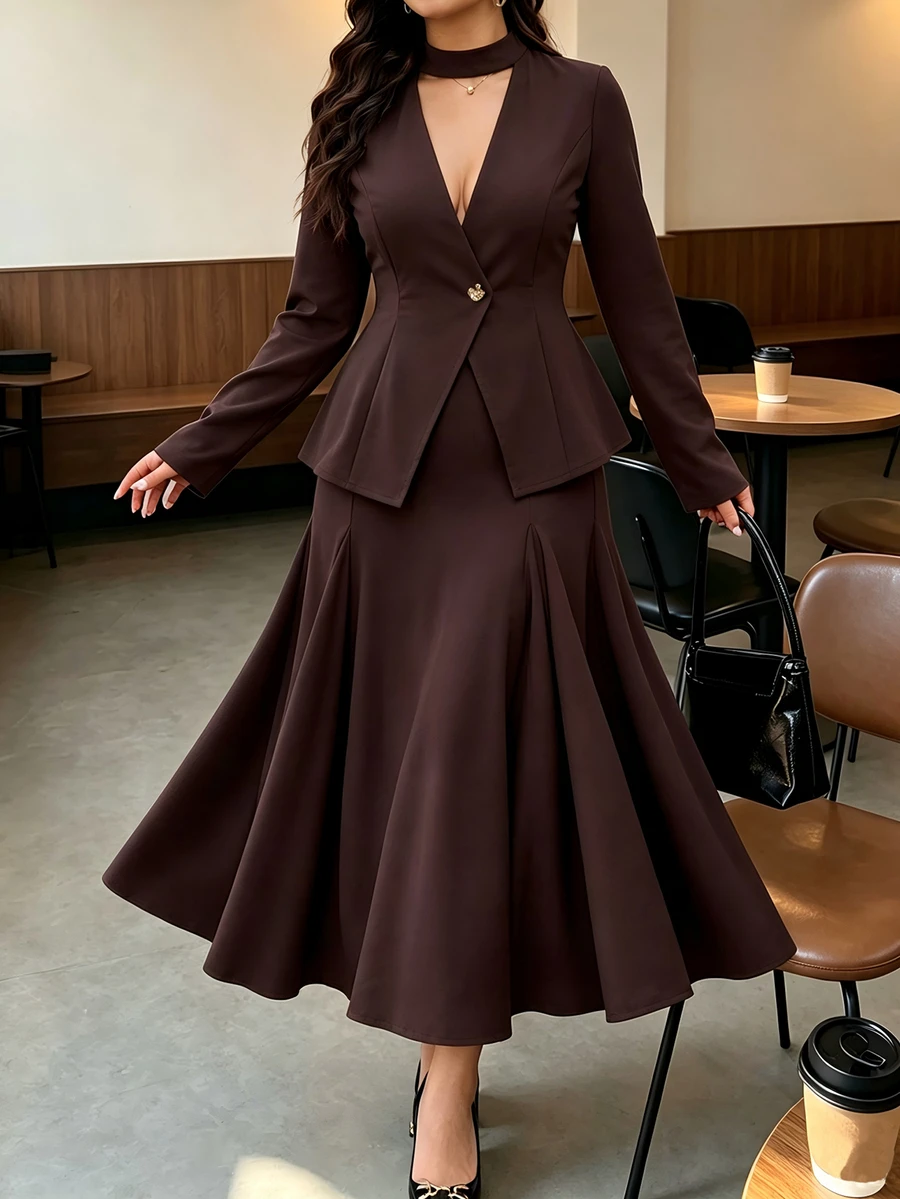 Elenzga Plus Choker Neck Single Button Top & Mermaid Hem Skirt Set - Brown - View 1