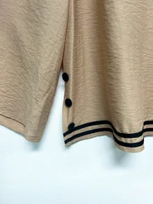 EMERY ROSE Plus Striped Trim Trumpet Sleeve Top & Wide Leg Pants Fall - Khaki - View 4