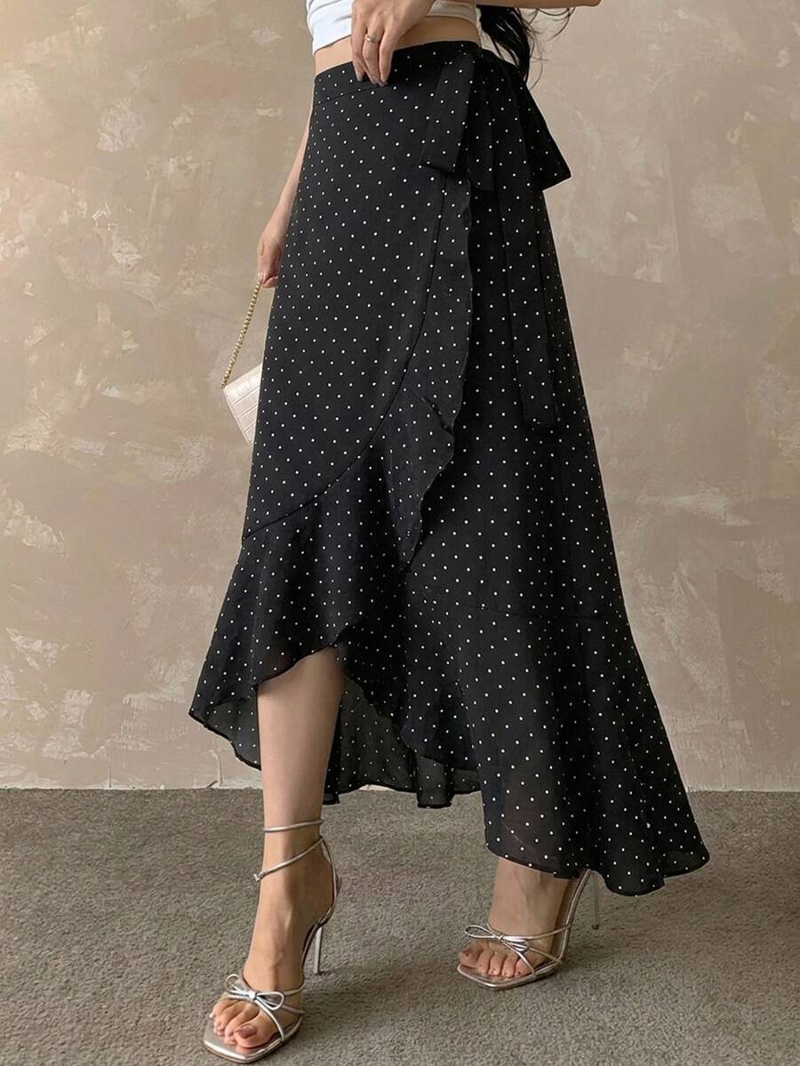 DAZY Polka Dot Ruffle Trim Wrap Knot Side Skirt - Black - View 1