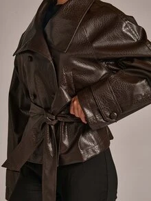 SHEIN BAE Collared Belted PU Leather Trench Coat - Chocolate Brown - View 8