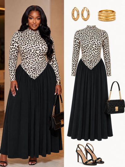 Poshavie Poshavie Plus Size Women Dresses Autumn Date Night Evening  Elegant  Apricot Leopard Print Spliced Black Draped Maxi Dress Fall
