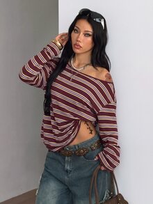 Coolane Contrast Striped Print Asymmetrical Neck Tee - Burgundy - View 5