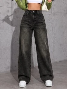 SHEIN ICON 1pc High Waist Washed Wide Leg Jeans - Black - View 3
