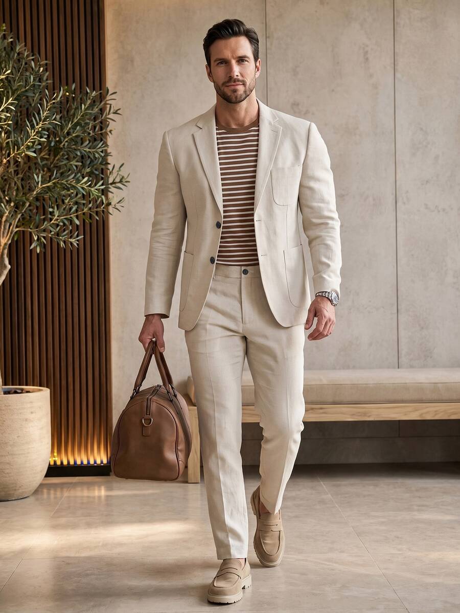 Manfinity Mode Men Single Breasted Blazer & Suit Pants, Formal, Old Money - Khaki - View 1
