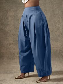 Vixey Solid Slant Pocket Fold Pleated Tapered Pants - Blue - View 5