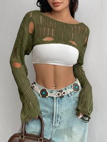 Flirla 1pc Open Knit Crop Sweater - Green - View 4