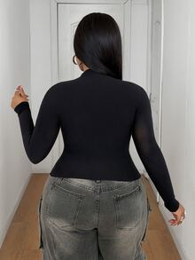 Maweii Plus Contrast Fishnet Mock Neck Top - Black - View 6