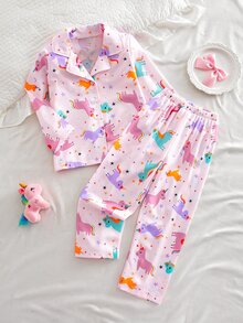 SHEIN 女童獨角獸印花長袖上衣與長褲睡衣套裝 - 粉色 - 查看 2