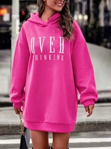 SHEIN 字母圖案落肩連帽衛衣洋裝 - 玫紅色 - 查看 5