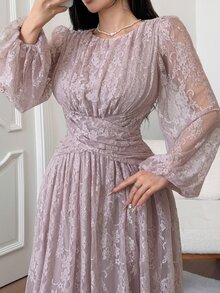 Feyla Plus Lantern Sleeve Lace Dress - Baby Pink - View 1