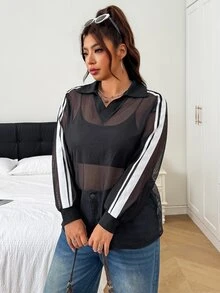 SHEIN EZwear Plus Contrast Side Seam Sheer Mesh Tee Without Bra Fall - Multicolor - View 1