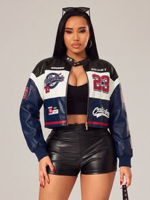 Radiana Plus Letter Graphic Colorblock Drop Shoulder PU Leather Crop Jacket Autumn - Blue - View 7