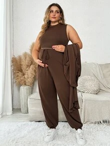 Plussiva Plus Size Maternity Solid Crop Tank Top Pants Open Front Coat Set Dates Post Partum Autumn Lounge Basic Cute Chic Going Out Fall - Brown - View 2