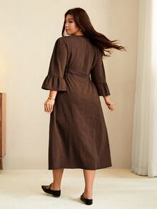 Edennvi Plus Solid Flounce Sleeve Dress Fall - Khaki - View 2
