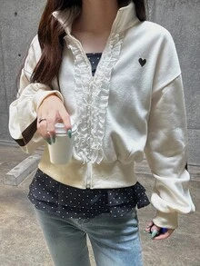 FRIFUL Sweatshirt Bermotif Hati dengan Hiasan Ruffle, Bahu Longgar, dan Resleting, Cocok untuk Musim Gugur, Sehari-hari di Sekolah, Warna Putih Gading, Lucu, dan Romantis. - Aprikot - View 5
