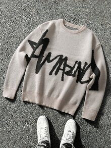 Manfinity CasualKnits Men Letter Pattern Round Neck Sweater - Camel - View 1