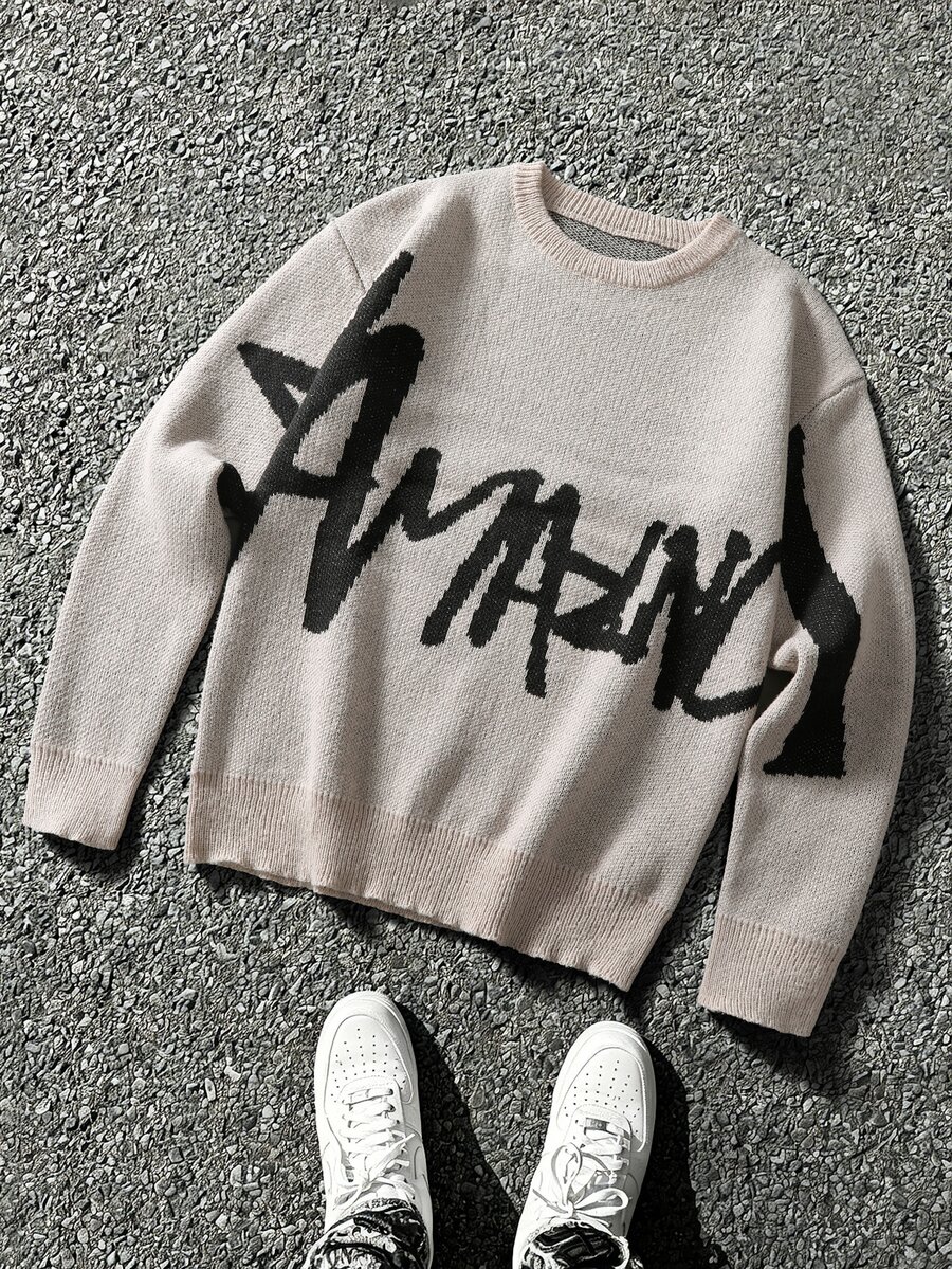Manfinity CasualKnits Men Letter Pattern Round Neck Sweater - Camel - View 1