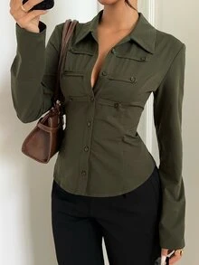 Aloruh Solid Long Sleeve Button Front Slim Fit Shirt - Army Green - View 4