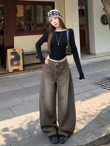 DAZY Women Washed Wide Leg Jeans Fall - Khaki - View 7