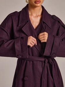 SHEIN BAE Lapel Neck Double Breasted Belted Overcoat - Red Violet - View 3