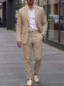 Manfinity Mode Men 1pc Striped Print Blazer & 1pc Suit Pants - Brown - View 1