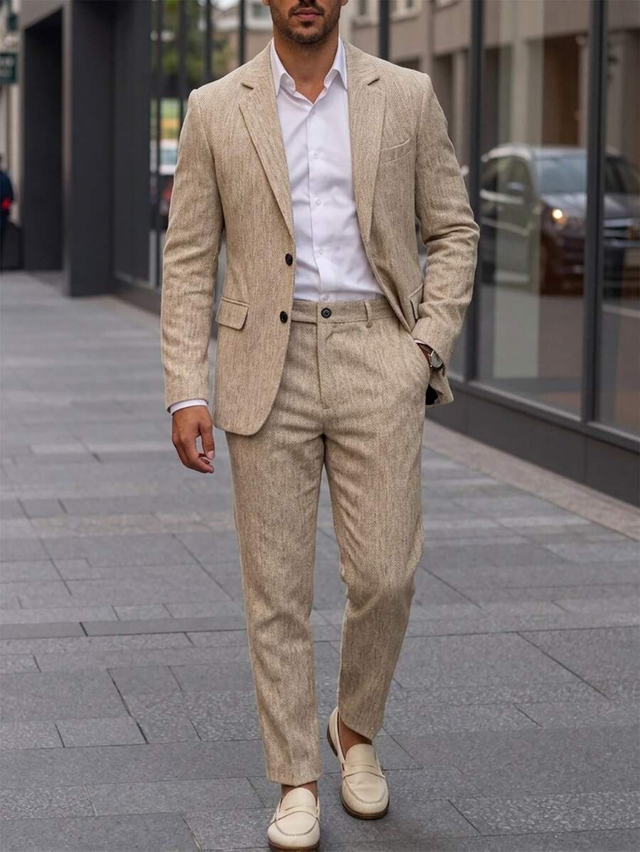 Manfinity Mode Men 1pc Striped Print Blazer & 1pc Suit Pants - Brown - View 1