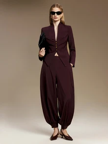 Ontre Solid Button Front Ruched Waist Blazer Tapered Pants Suit Set Office Dinner Corporate Burgundy Fall Elegant - Purple - View 5
