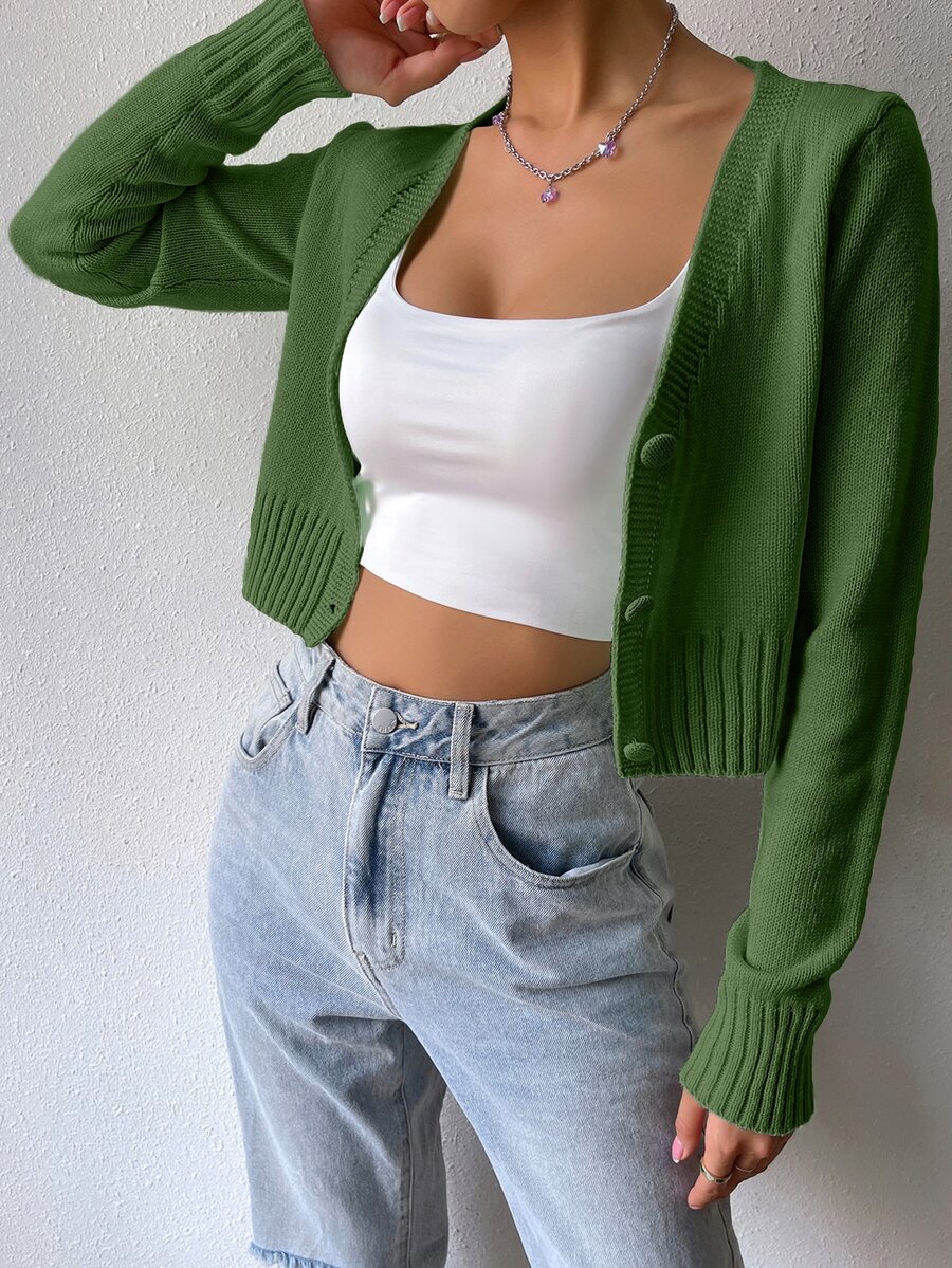 SHEIN Unity Cardigan corto ligero con botones delanteros de unicolor - Verde - Ver 1