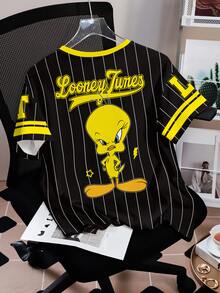 LOONEY TUNES X SHEIN 條紋與卡通圖案短袖T恤 - 白色 - 查看 2