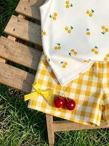 Baby Girl Cherry Print Ruffle Trim Tee & Gingham Print Bow Front Shorts - Multicolor - View 4