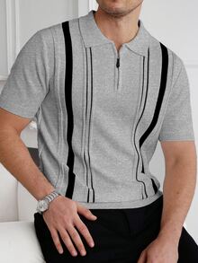 Core Aspect Men Striped Pattern Quarter Zip Knit Top - Grey - View 6