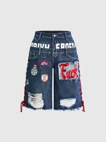 ROMWE Avant Plus Letter Graphic Ripped Raw Hem Denim Shorts Concert Club Blue Anti Social Baggy - Blue - View 1