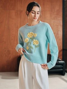 Anewsta Women's Minimalist Baby-Blue Sweater With Yellow Floral Embellishments – Elegant Modern Style Women Sweaters - Blue - View 3