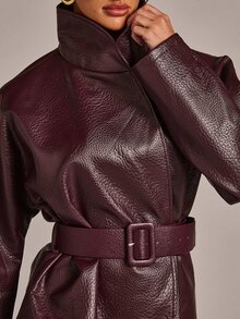 SHEIN BAE Solid Belted PU Leather Jacket - Burgundy - View 5