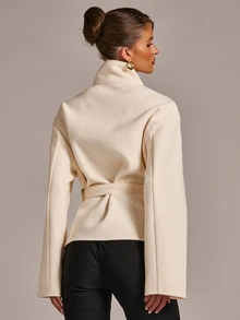 SHEIN BAE Mantel Panjang Berkerah Tegak dengan Sabuk - Aprikot - View 2